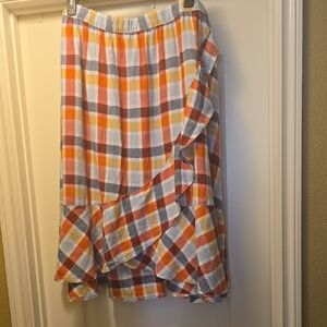 Lane Bryant Orange, Yellow & Gray Plaid Ruffle High-Low Skirt